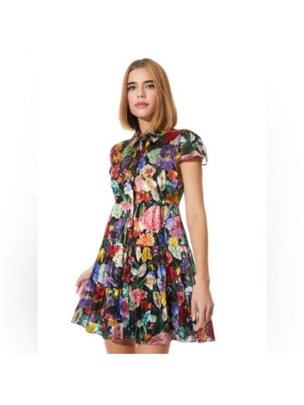 NWT Alice + Olivia Meeko Tiered Floral Shirt Dress Botanical Garden Size 8 - Picture 2 of 10